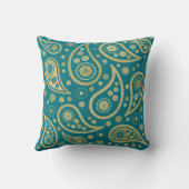 ペイズリーティール(緑がかった色)及び金のファンキーで大きいパターンプリント クッション (裏面)