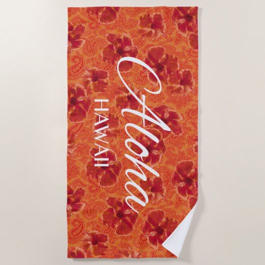 ペイズリーハイビスカスヴィンテージサイケデリックフローラ ビーチタオル (正面)