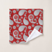 ペイズリーパターン、シルバーグレー/グレーオン深いレッド バスタオルセット (ウォッシュタオル)