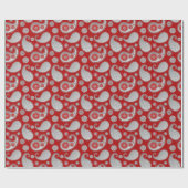 ペイズリーパターン、シルバーグレー/グレーオン深いレッド ラッピングペーパー (フラット)