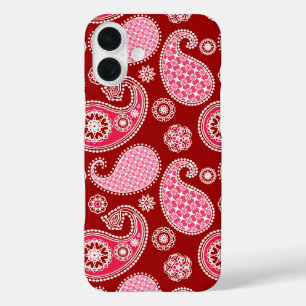 ペイズリーパターン、濃い赤、ピンクと白 iPhone 16 PLUSケース