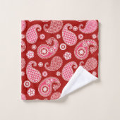 ペイズリーパターン、濃い赤、白、サンゴピンク バスタオルセット (ウォッシュタオル)