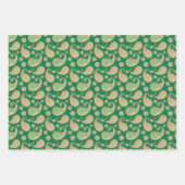 ペイズリーパターン、茶色、緑、ピンクのソフト金ゴールド ラッピングペーパーシート (正面2)