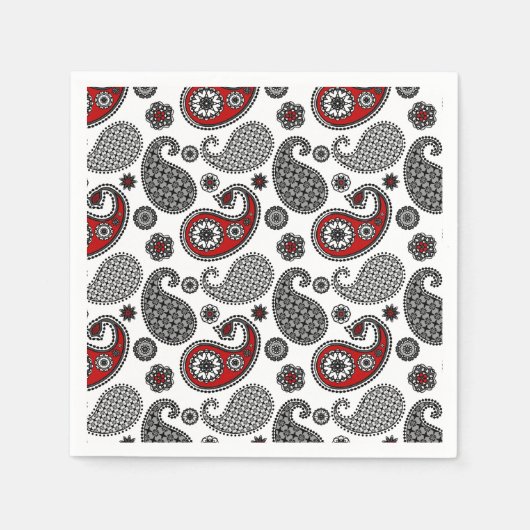 ペイズリーパターン、黒、白、赤 スタンダードカクテルナプキン (正面)