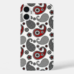 ペイズリーパターン、黒、白、赤 iPhone 16 PLUSケース