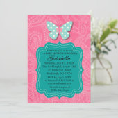 ペイズリーピンクのバタフライ ベイビーシャワー招待状 招待状 (スタンド正面)