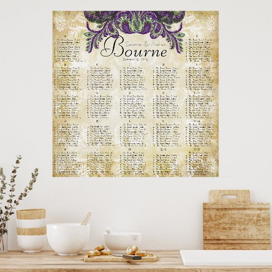 ペイズリーピーコックパープル結婚金ゴールドの座席表 ポスター (キッチン)