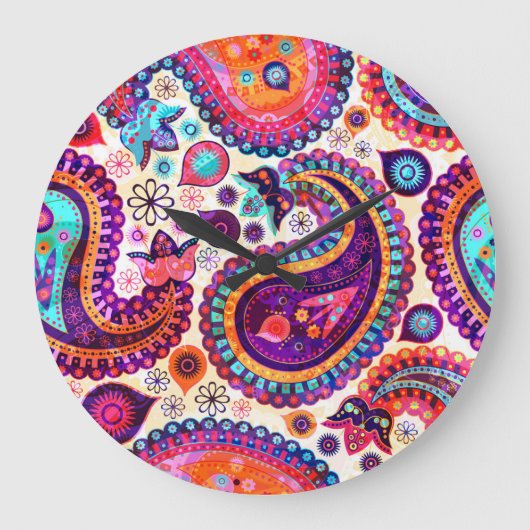 ペイズリーフローラインディアンシームレスオーナメント ラージ壁時計 (正面)