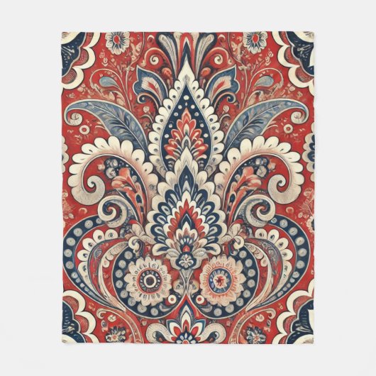 ペイズリーフローラ融合（赤、白、青） フリースブランケット (正面)
