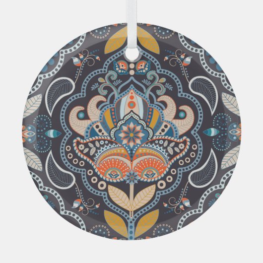 ペイズリーフローラ：暗いインディアンパターン ガラスオーナメント (正面)