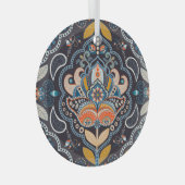 ペイズリーフローラ：暗いインディアンパターン ガラスオーナメント (正面右)