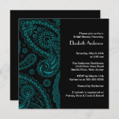 ペイズリーブライダルシャワーインビテーションブラック&ターコイズ 招待状 (正面/裏面)