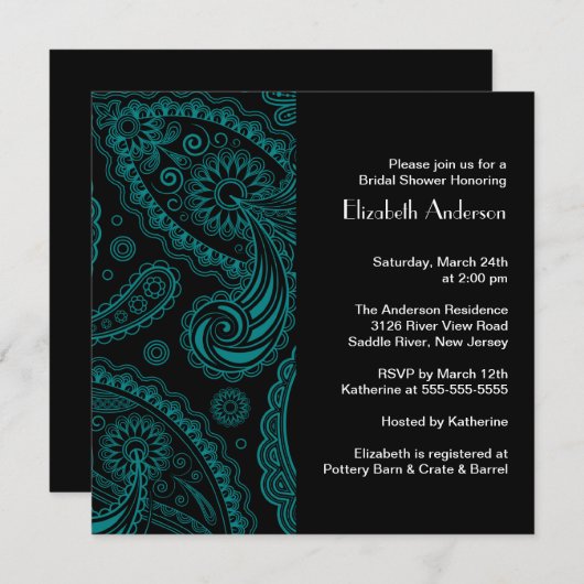 ペイズリーブライダルシャワーインビテーションブラック&ターコイズ 招待状 (正面/裏面)