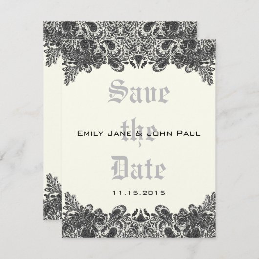 ペイズリーブラック&アイボリーダマスクウェディング日付を保存 セーブザデート (正面/裏面)