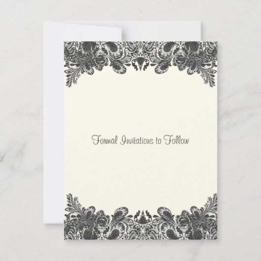 ペイズリーブラック&アイボリーダマスクウェディング日付を保存 セーブザデート (裏面)