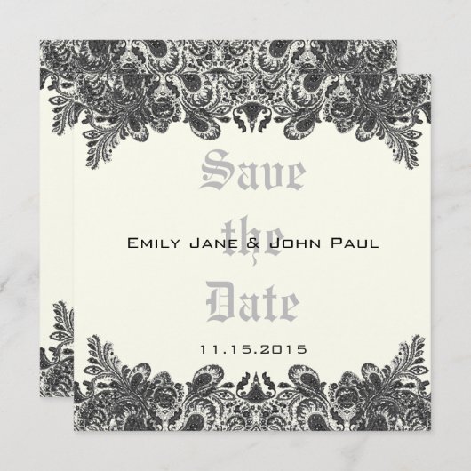 ペイズリーブラック&アイボリーダマスクウェディング日付を保存 セーブザデート (正面/裏面)