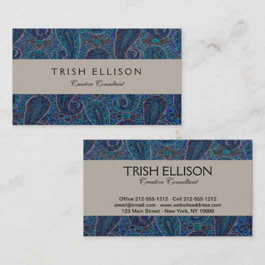ペイズリーブルーインディアンボホアートパターン 名刺 (正面/裏面)