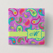 ペイズリーモノグラムマゼンタピンクグリーンモダン 缶バッジ (正面)