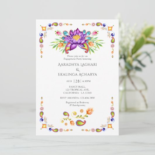 ペイズリーロータスフラワーインディアン婚約パーティ 招待状 (スタンド正面)