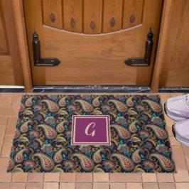 ペイズリーヴィンテージルックブラックパープルモノグラムイニシャル ドアマット