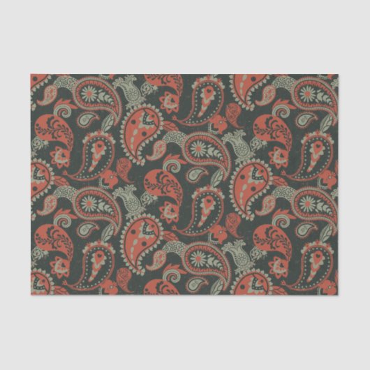 ペイズリー伝統的リノカットウォームオレンジミントグリーン 薄葉紙 (正面)