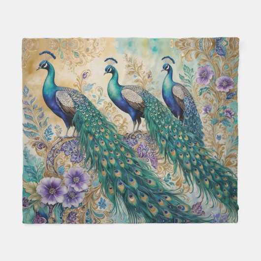 ペイズリー孔雀フローラ水彩 フリースブランケット (正面(横))