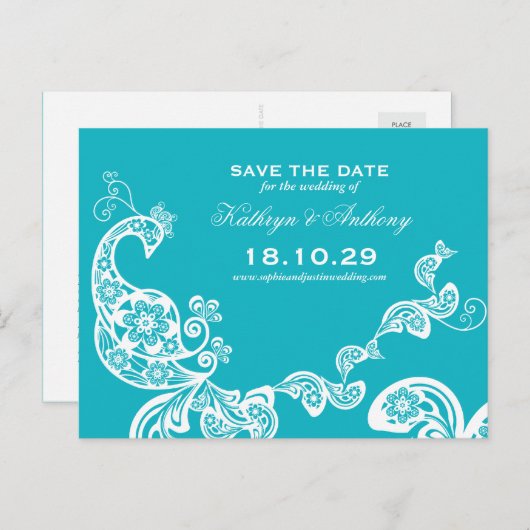 ペイズリー孔雀ロマンチックなシック写真日付を保存 案内ポストカード (正面/裏面)