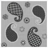 ペイズリー柄、シルバーグレー、白黒 ファブリック (クローズアップ)