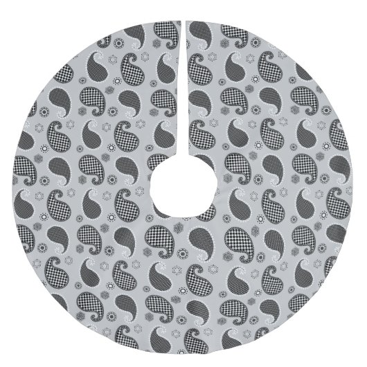 ペイズリー柄、シルバーグレー、白黒 ブラッシュドポリエステルツリースカート (正面)