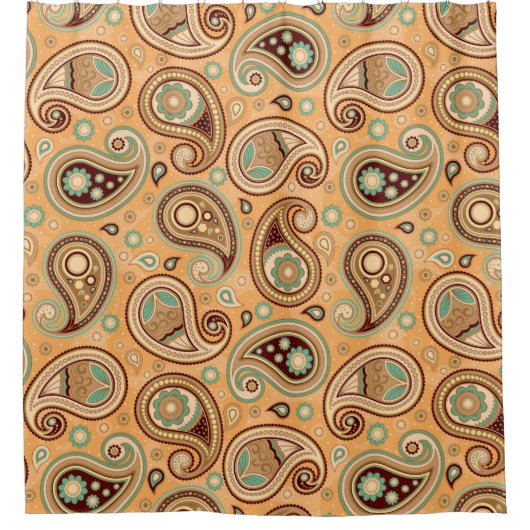 ペイズリー模様イエローティール(緑がかった色)ブラウン シャワーカーテン (正面)