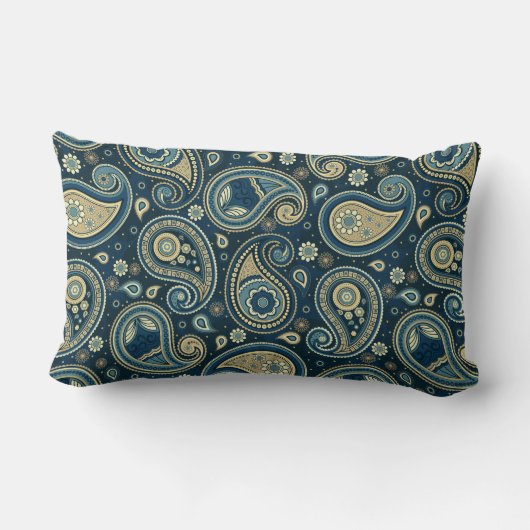 ペイズリー模様ブルーティール(緑がかった色)金ゴールド エレガント ランバークッション (裏面)
