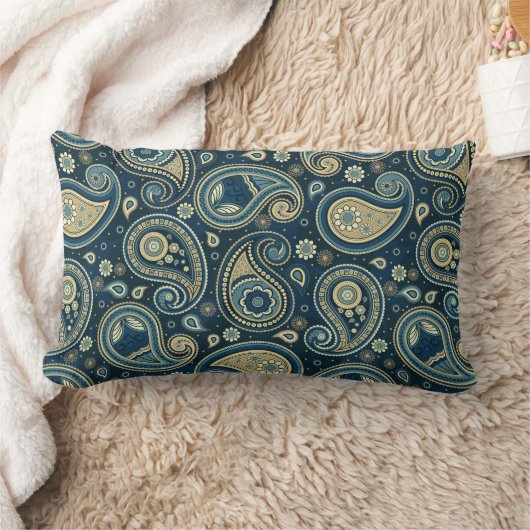 ペイズリー模様ブルーティール(緑がかった色)金ゴールド エレガント ランバークッション (ブランケット)