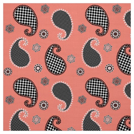 ペイズリー模様、コーラルピンク、白黒 ファブリック (見本)