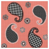 ペイズリー模様、コーラルピンク、白黒 ファブリック (クローズアップ)