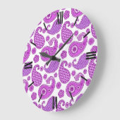 ペイズリー模様、紫、紫、白 ラージ壁時計 (傾斜)
