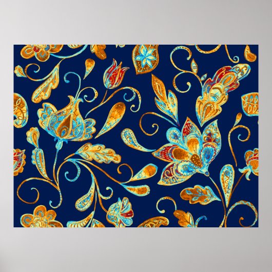 ペイズリー水彩花模様タイル:花, f ポスター (正面)