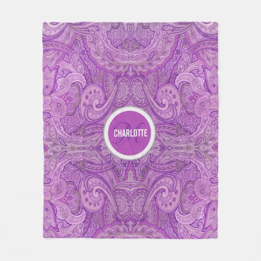 ペイズリー紫モノグラム名 フリースブランケット (正面)