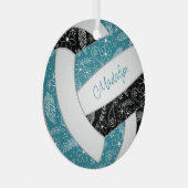 ペイズリー羽フローラ黒バレーボールティール(緑がかった色) メタルオーナメント (正面右)