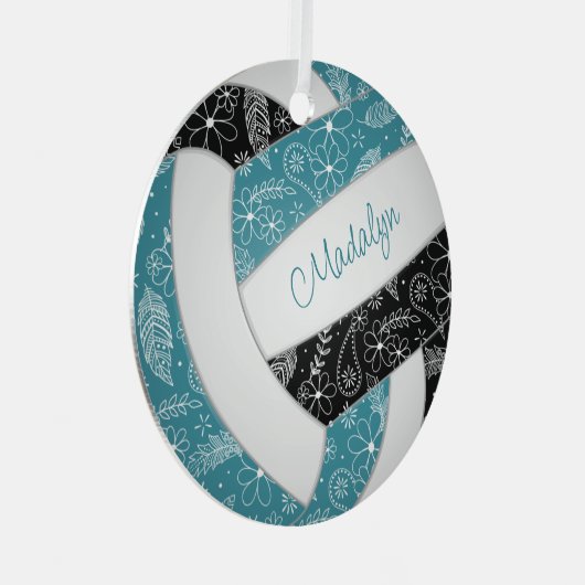 ペイズリー羽フローラ黒バレーボールティール（緑がかった色） メタルオーナメント (正面右)