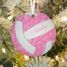 ペイズリー羽毛フローラピンクホワイトボホバレーボール メタルオーナメント