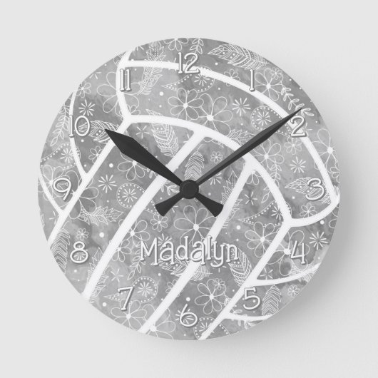 ペイズリー羽花グレーバレーボール ラウンド壁時計 (正面)