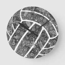 ペイズリー羽花ブラックグレーバレーボール ラウンド壁時計