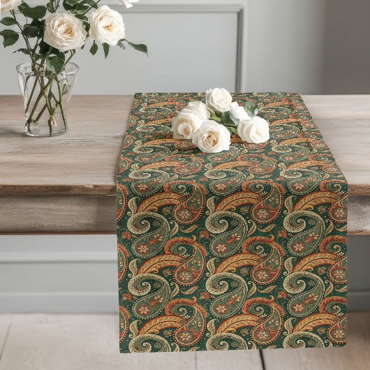 ペイズリー自然ボホダークグリーンブラウン銅セージ ロングテーブルランナー