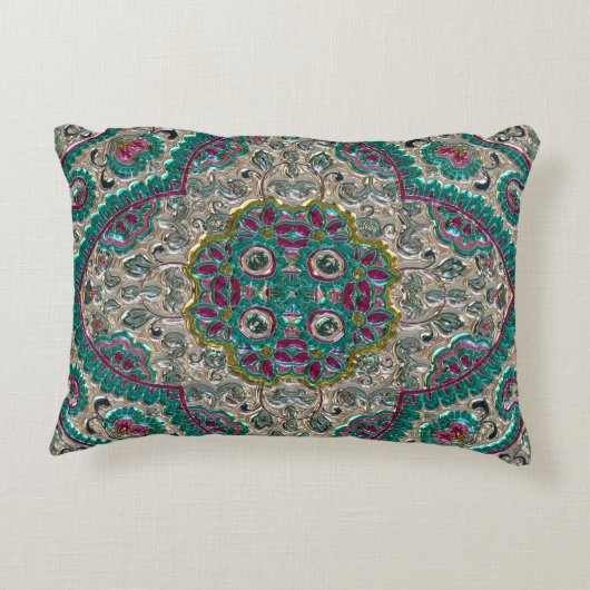 ペイズリー花柄ティール（緑がかった色）シルバーピンクボヘミア アクセントクッション (裏面)