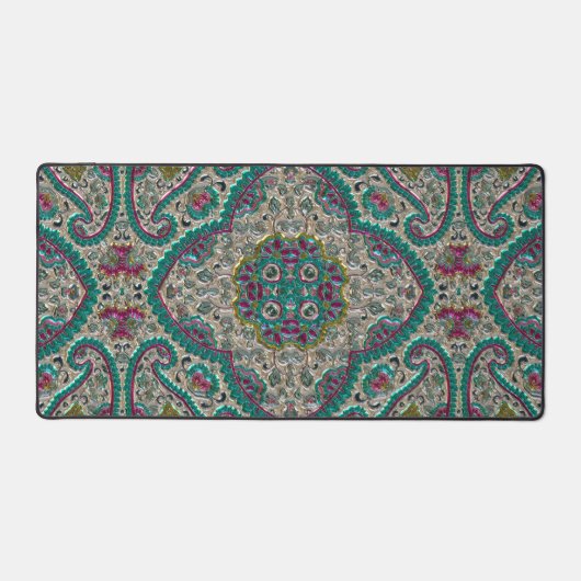 ペイズリー花柄ティール（緑がかった色）シルバーピンクボヘミア デスクマット (正面)