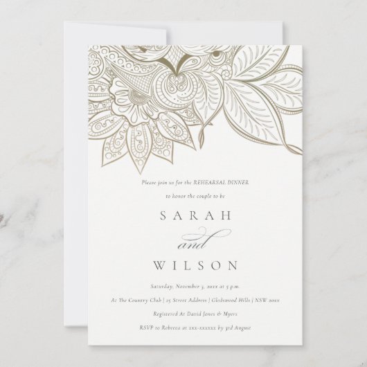 ペイズリー華美アイボリー金ゴールドリハーサルディナー招待状 サンキューカード (正面)