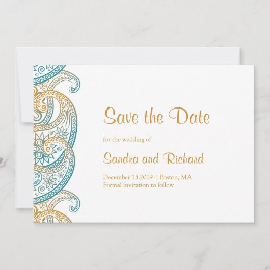ペイズリー ティール＆ゴールド インドの結婚式 セーブザデート (正面)