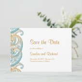 ペイズリー ティール＆ゴールド インドの結婚式 セーブザデート (スタンド正面)