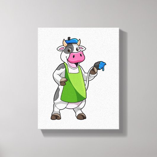 ペインターとしての絵を描牛&エプロン キャンバスプリント (正面)