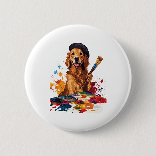 ペインター芸術的アップ – Dog with Easel 缶バッジ (正面)